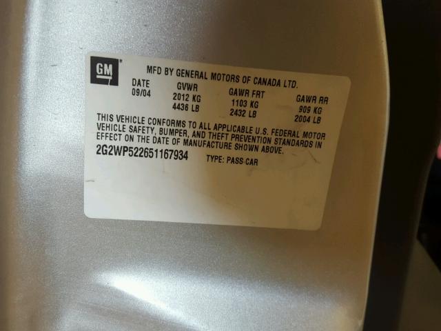 2G2WP522651167934 - 2005 PONTIAC GRAND PRIX SILVER photo 10