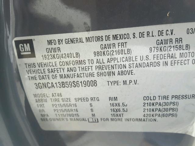 3GNCA13B59S619008 - 2009 CHEVROLET HHR LS GRAY photo 10