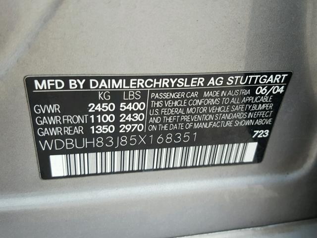 WDBUH83J85X168351 - 2005 MERCEDES-BENZ E 500 4MAT SILVER photo 10