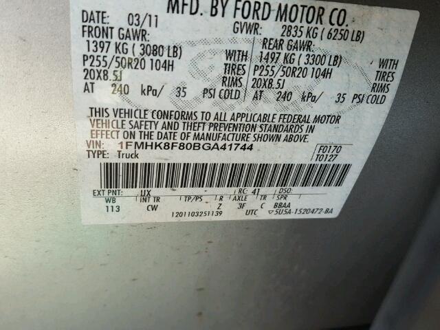 1FMHK8F80BGA41744 - 2011 FORD EXPLORER L SILVER photo 10