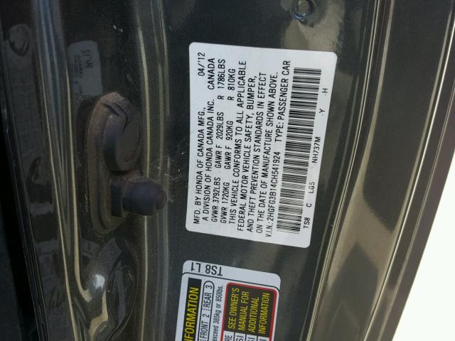 2HGFG3B14CH541924 - 2012 HONDA CIVIC EXL GRAY photo 10