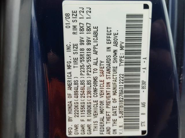 5J8TB18278A012222 - 2008 ACURA RDX BLUE photo 10