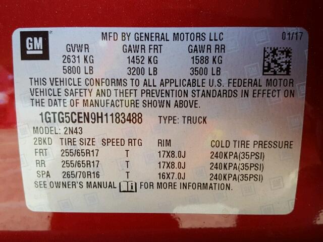 1GTG5CEN9H1183488 - 2017 GMC CANYON SLE RED photo 10