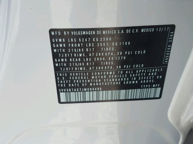 3VV3B7AX7JM089495 - 2018 VOLKSWAGEN TIGUAN SE Білий фото 10