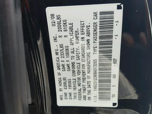 1HGCS12368A013265 - 2008 HONDA ACCORD LX- BLACK photo 10