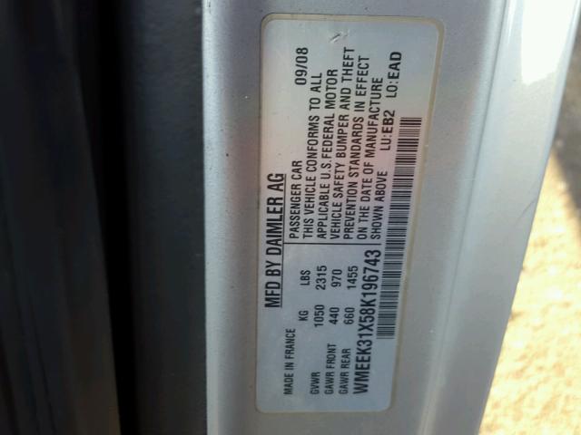 WMEEK31X58K196743 - 2008 SMART FORTWO PAS 银色 照片 10