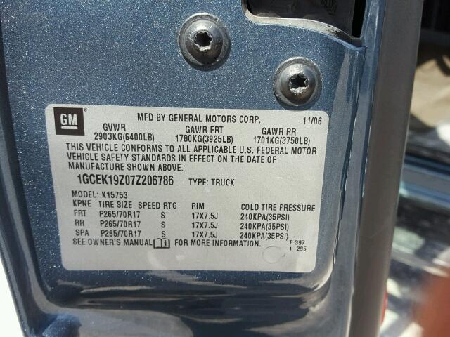 1GCEK19Z07Z206786 - 2007 CHEVROLET SILVERADO BLUE photo 10