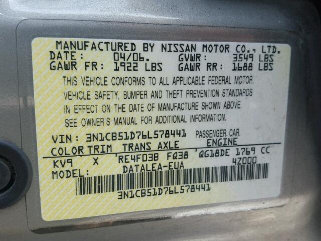 3N1CB51D76L578441 - 2006 NISSAN SENTRA 1.8 TAN photo 10