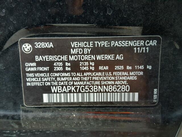 WBAPK7G53BNN86280 - 2011 BMW 328 XI BLACK photo 10