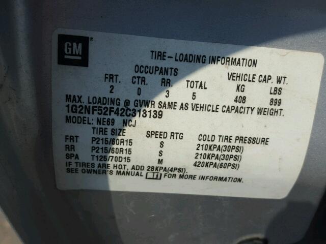 1G2NF52F42C313139 - 2002 PONTIAC GRAND AM S SILVER photo 10