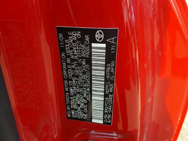 JTDJT4K35A5300129 - 2010 TOYOTA YARIS RED photo 10