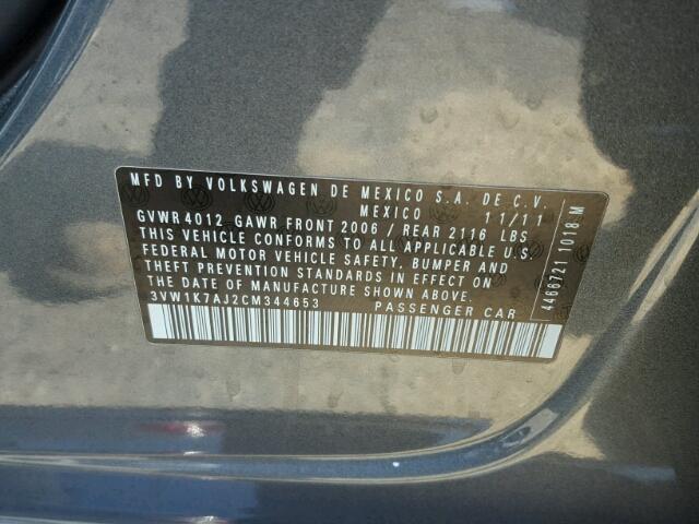 3VW1K7AJ2CM344653 - 2012 VOLKSWAGEN JETTA BASE 灰色 照片 10