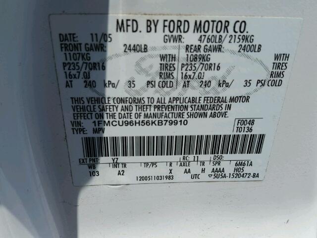 1FMCU96H56KB79910 - 2006 FORD ESCAPE HEV WHITE photo 10