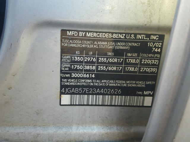 4JGAB57E23A402626 - 2003 MERCEDES-BENZ ML 350 GRAY photo 10