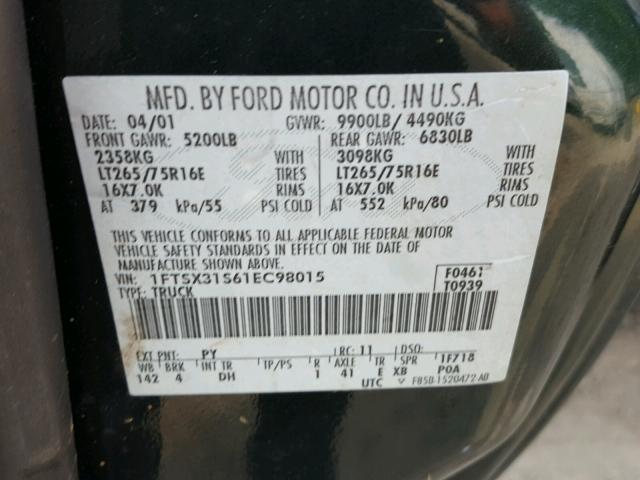 1FTSX31S61EC98015 - 2001 FORD F350 SRW S GREEN photo 10