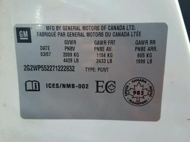 2G2WP552271222832 - 2007 PONTIAC GRAND PRIX WHITE photo 10