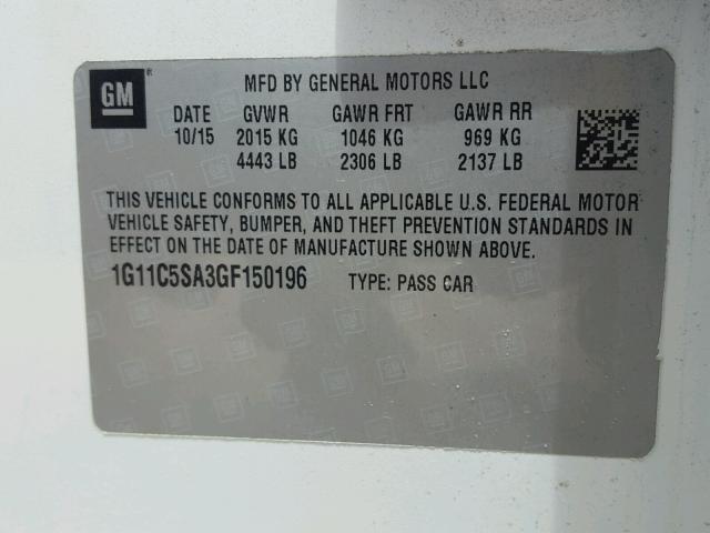 1G11C5SA3GF150196 - 2016 CHEVROLET MALIBU LIM 白色 照片 10