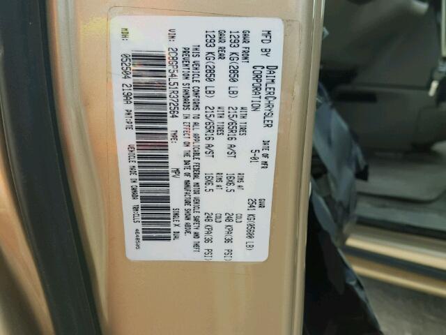 2C8GP54L51R372564 - 2001 CHRYSLER TOWN & COU TAN photo 10