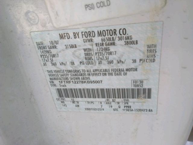 1FTRF12278KB95007 - 2008 FORD F150 WHITE photo 10