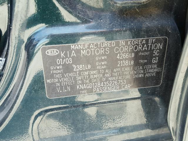 KNAGD128435226753 - 2003 KIA OPTIMA GREEN photo 10