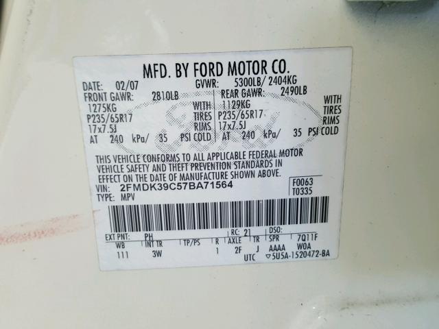 2FMDK39C57BA71564 - 2007 FORD EDGE SEL P WHITE photo 10