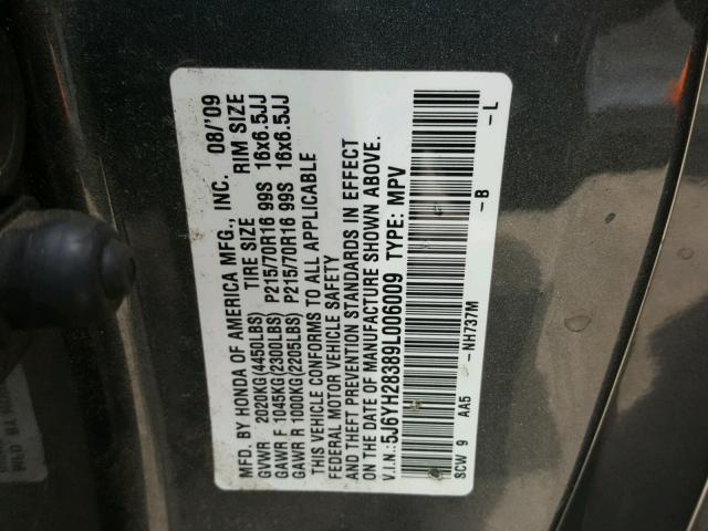 5J6YH28389L006009 - 2009 HONDA ELEMENT LX GRAY photo 10