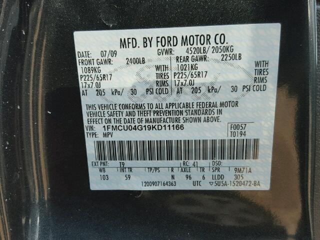 1FMCU04G19KD11166 - 2009 FORD ESCAPE LIM GRAY photo 10