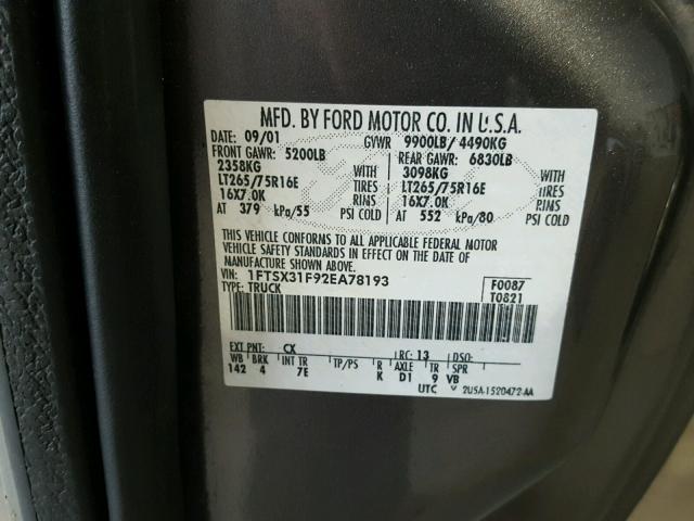 1FTSX31F92EA78193 - 2002 FORD F350 SRW S GRAY photo 10