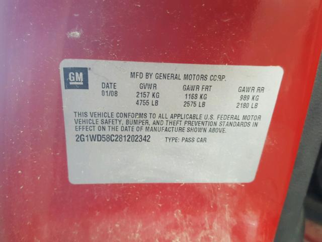 2G1WD58C281202342 - 2008 CHEVROLET IMPALA SUP 红色 照片 10