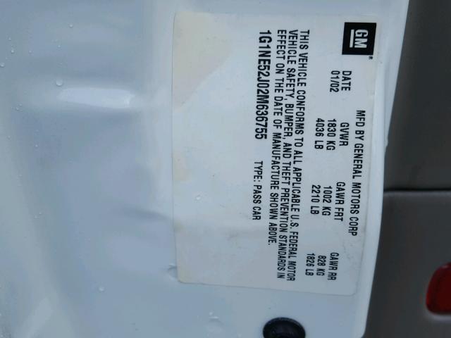 1G1NE52J02M636755 - 2002 CHEVROLET MALIBU LS 白色 照片 10