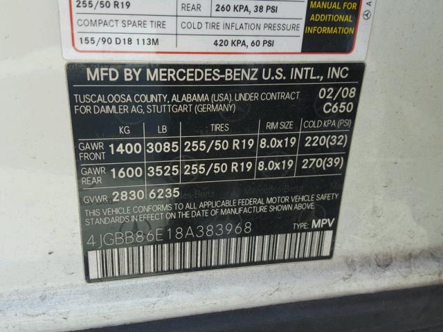 4JGBB86E18A383968 - 2008 MERCEDES-BENZ ML 350 WHITE photo 10