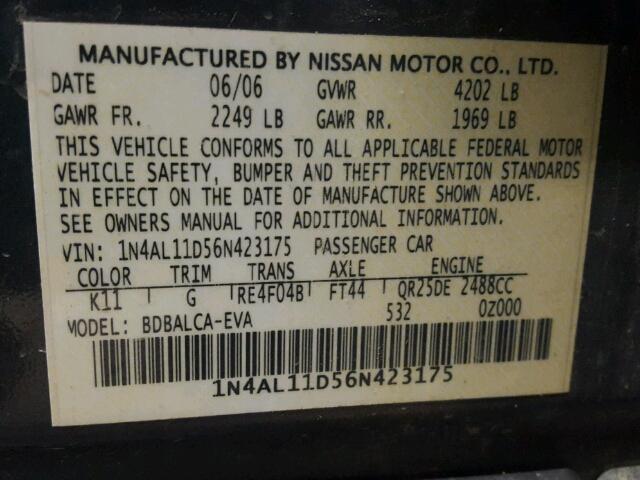 1N4AL11D56N423175 - 2006 NISSAN ALTIMA S BLUE photo 10