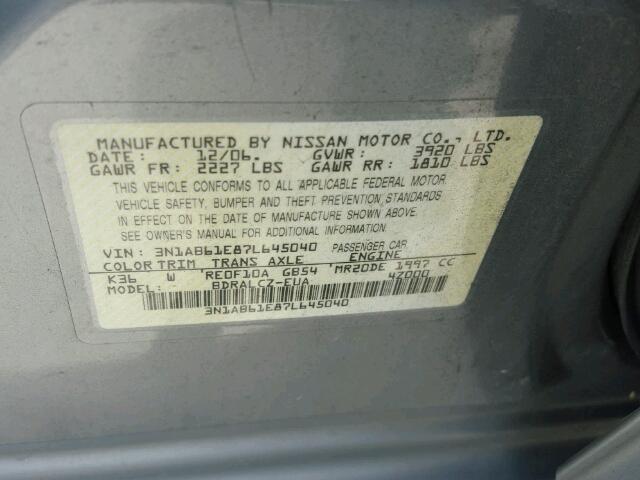 3N1AB61E87L645040 - 2007 NISSAN SENTRA GRAY photo 10