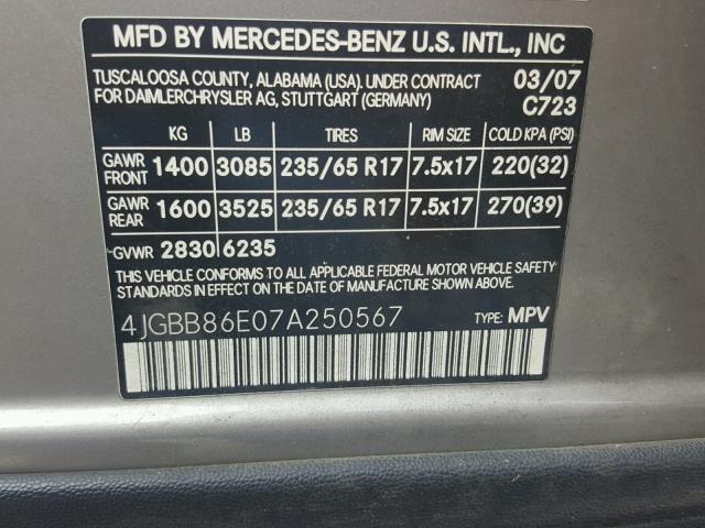 4JGBB86E07A250567 - 2007 MERCEDES-BENZ ML 350 GRAY photo 10