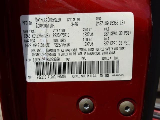 1J4GK38K76W239920 - 2006 JEEP LIBERTY RE RED photo 10