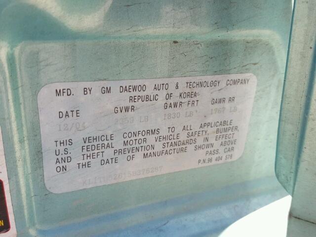 KL1TD52615B376287 - 2005 CHEVROLET AVEO BASE Turquoise photo 10