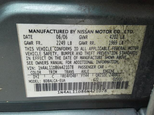 1N4AL11D86N421078 - 2006 NISSAN ALTIMA S/S GREEN photo 10