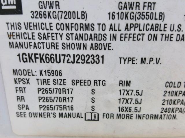 1GKFK66U72J292331 - 2002 GMC DENALI XL WHITE photo 10