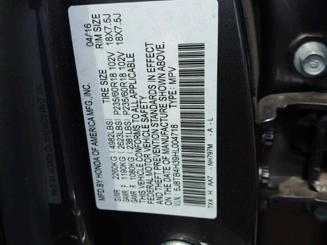 5J8TB4H39HL004718 - 2017 ACURA RDX GRAY photo 10