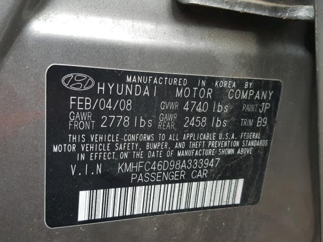 KMHFC46D98A333947 - 2008 HYUNDAI AZERA GLS GRAY photo 10