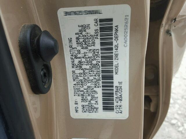 5YFBU4EEXDP213543 - 2013 TOYOTA COROLLA BA GOLD photo 10