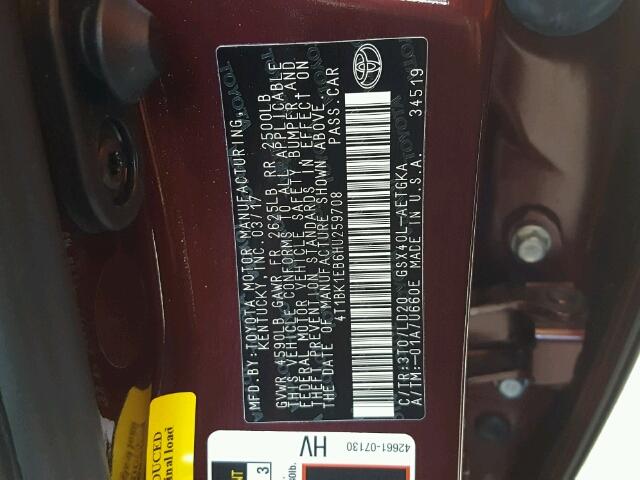 4T1BK1EB6HU259708 - 2017 TOYOTA AVALON XLE BURGUNDY photo 10