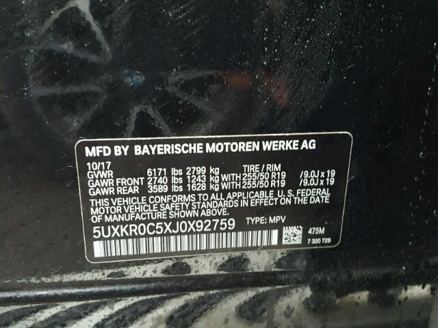 5UXKR0C5XJ0X92759 - 2018 BMW X5 XDRIVE3 BLACK photo 10