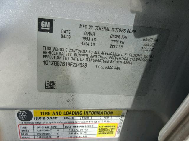 1G1ZG57B19F234528 - 2009 CHEVROLET MALIBU LS 银色 照片 10