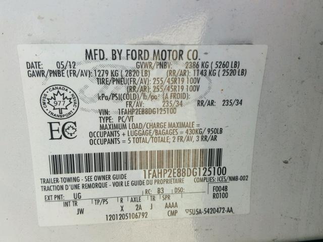 1FAHP2E88DG125100 - 2013 FORD TAURUS SEL WHITE photo 10