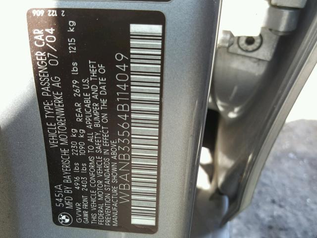 WBANB33564B114049 - 2004 BMW 545 I SILVER photo 10