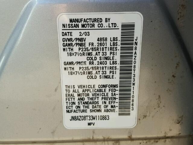 JN8AZ08T33W110863 - 2003 NISSAN MURANO SL/ SILVER photo 10