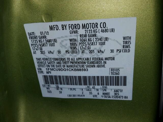 1FMCU9DG1CKB88593 - 2012 FORD ESCAPE XLT GREEN photo 10