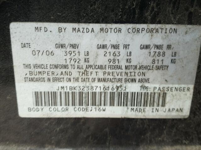 JM1BK323871616951 - 2007 MAZDA 3 S BLACK photo 10