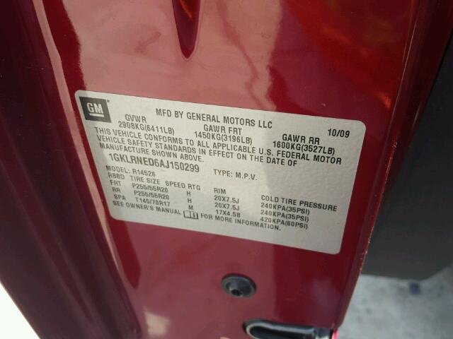 1GKLRNED6AJ150299 - 2010 GMC ACADIA SLT ბურგუნდია ფოტო 10